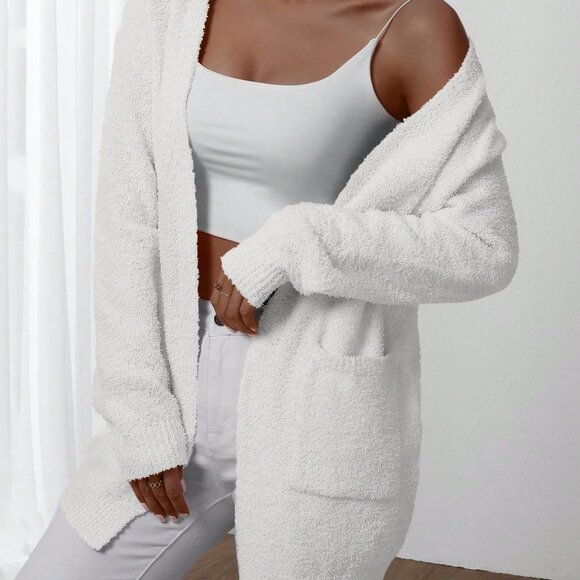 White Casual Women's Plain Long Sleeve Minimalist Cardigan Top - Picture 4 of 6